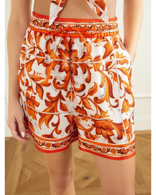 Dolce & Gabbana Orange Floral-Print Silk-Twill Mini Shorts