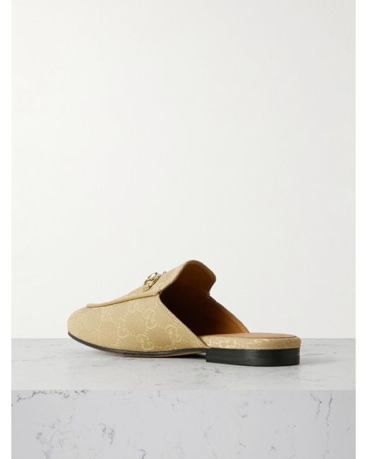 Gucci White Princetown Horsebit-Embellished Leather-Trimmed Canvas-Jacquard Slippers