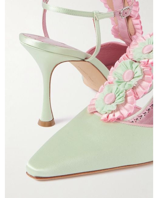 Manolo Blahnik Natural Hebes 90 Appliquéd Satin Mary Jane Pumps