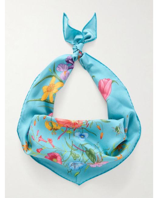 Gucci Blue Flora Floral-Print Silk-Twill Scarf