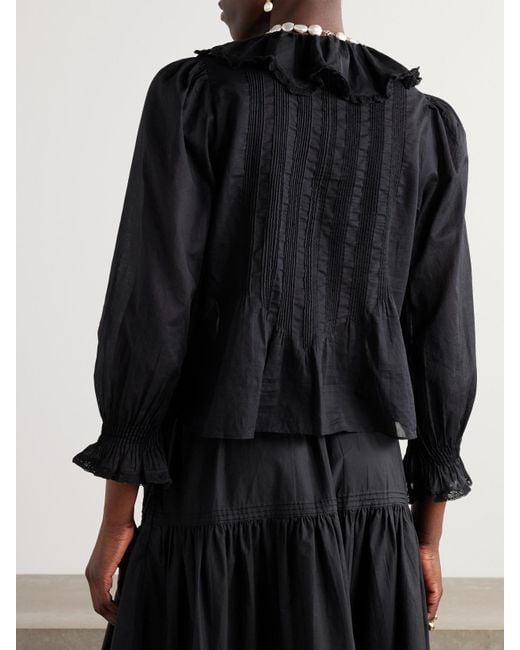 Doen Black Hardy Lace-Trimmed Ruffled Pintucked Organic Cotton-Voile Blouse