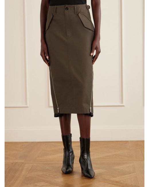 Sacai Green Weather Cotton-Twill Midi Skirt