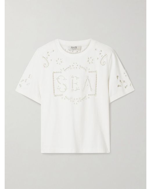 T-Shirt En Jersey De Coton À Broderie Anglaise Marie Sea en coloris White