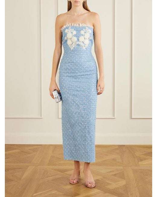 Rodarte Blue Appliquéd Sequin-Embellished Lace-Trimmed Denim Midi Dress
