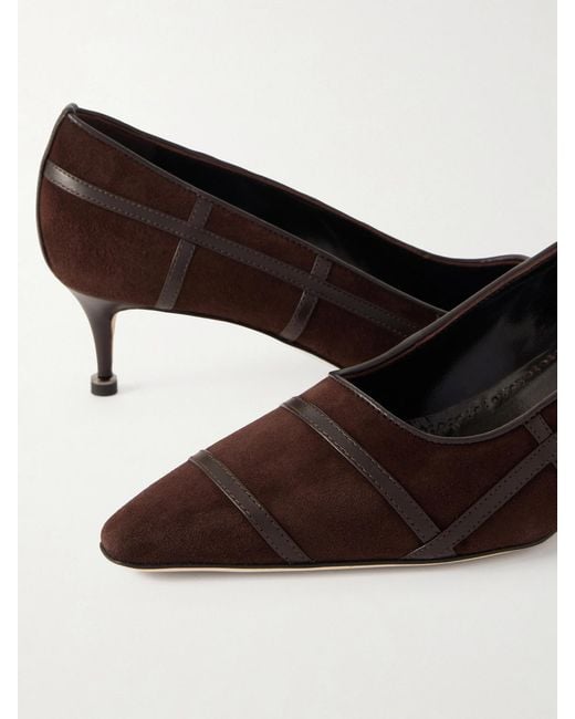 Manolo Blahnik Brown Marenpla 50 Leather-Trimmed Suede Pumps