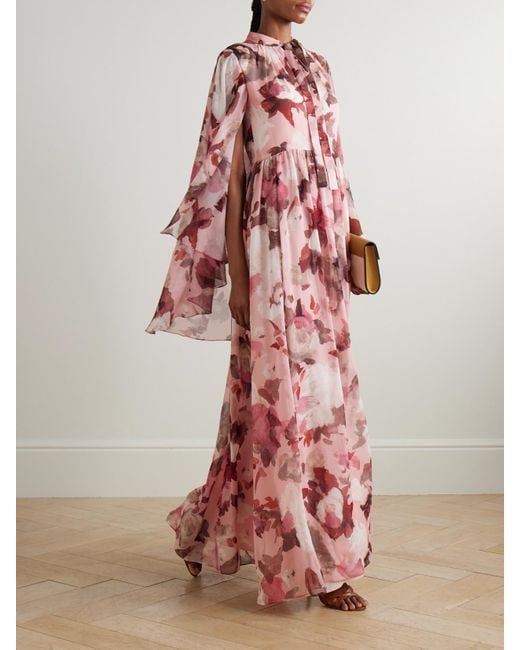 Erdem Pink Robe Aus Seiden-Voile Mit Blumenprint Und Cape-Effekt