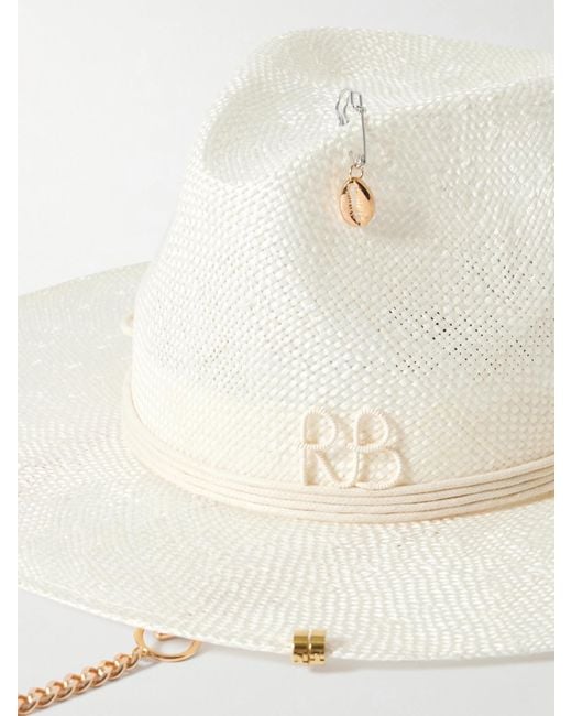 Ruslan Baginskiy Natural Embroidered Embellished Cotton-Trimmed Straw Fedora