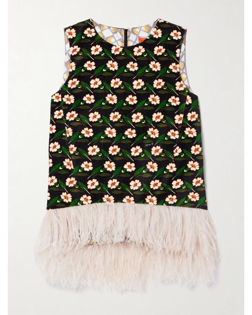 LaDoubleJ Black La Scala Asymmetric Feather-Trimmed Floral-Print Cotton-Velvet Top