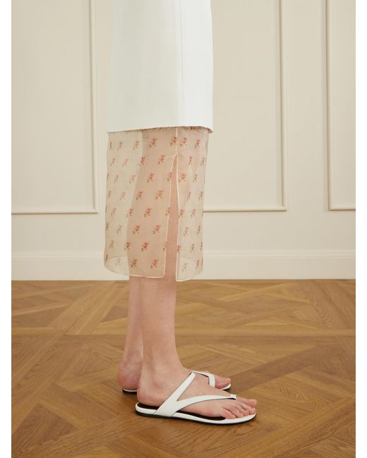 Khaite White Sybil Layered Frayed Satin-Crepe And Floral-Print Organza Midi Skirt