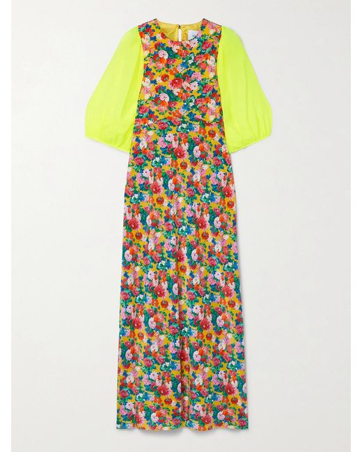 Les Rêveries Orange Floral-Print Silk Crepe De Chine And Georgette Midi Dress