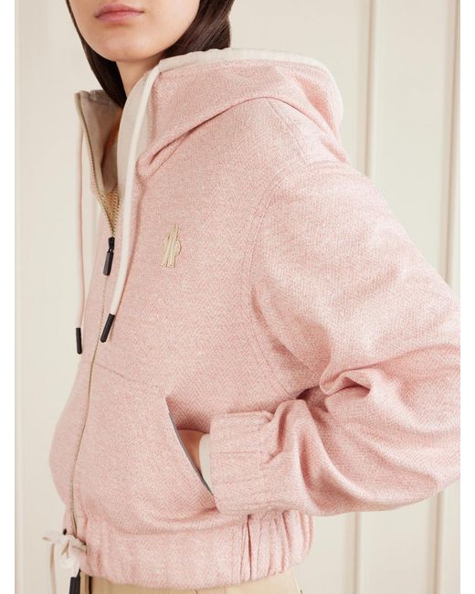 Moncler Pink Appliquéd Canvas-Trimmed Linen And Cotton-Blend Zip-Up Hoodie