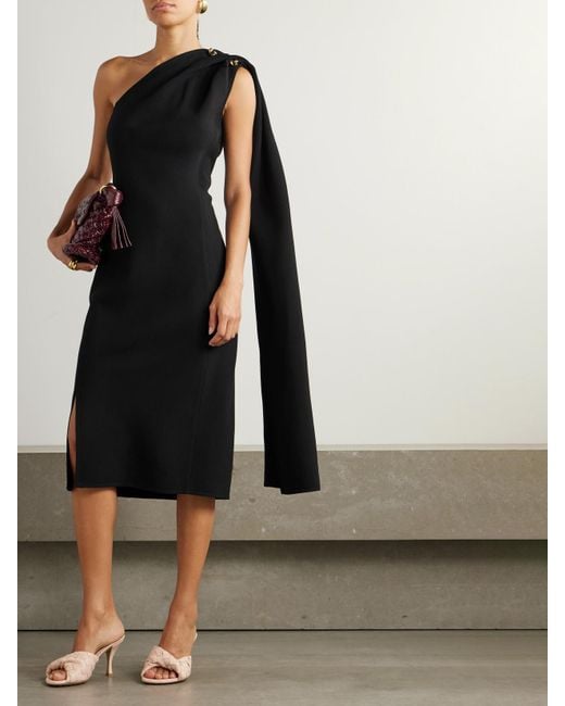 Bottega Veneta Black Cape-Effect Embellished One-Shoulder Crepe Midi Dress