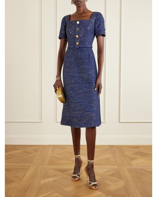 Carolina Herrera Blue Belted Metallic Cotton-Blend Tweed Midi Dress
