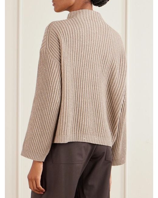Brunello Cucinelli Natural Sequin-Trimmed Ribbed-Knit Turtleneck Sweater