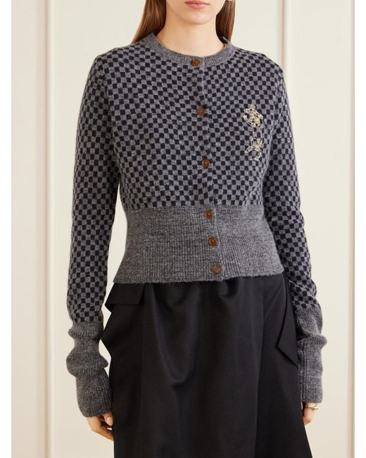 Vivienne Westwood Blue Checkmate Logo-Embroidered Alpaca, Cotton And Wool-Blend Cardigan