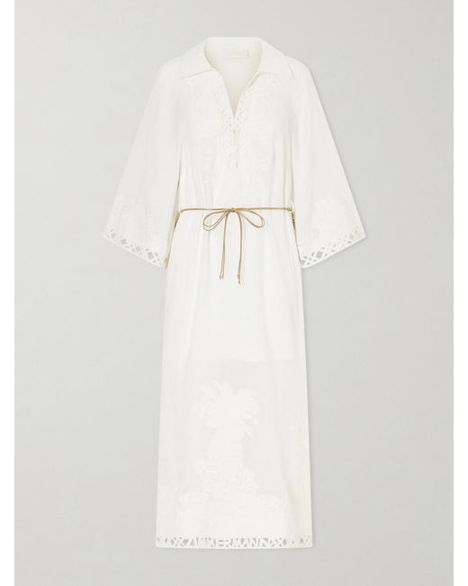 Zimmermann White Indra Embroidered Belted Ramie Maxi Dress