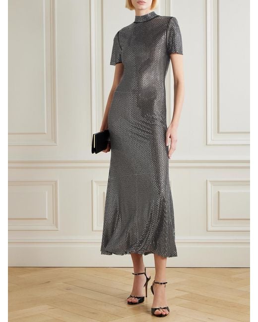 Self-Portrait Gray Crystal-Embellished Mesh Midi Dress
