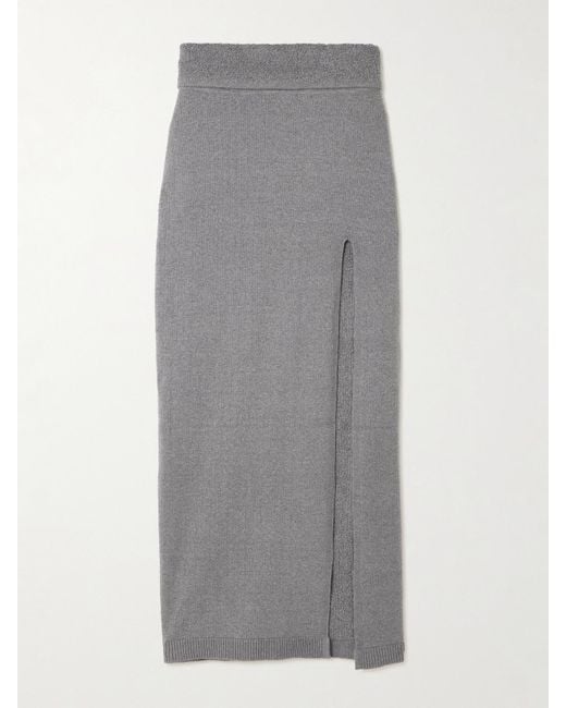 Skims Gray Textured Knit High Slit Long Skirt – Dark Heather – Maxirock Aus Strukturiertem Strick