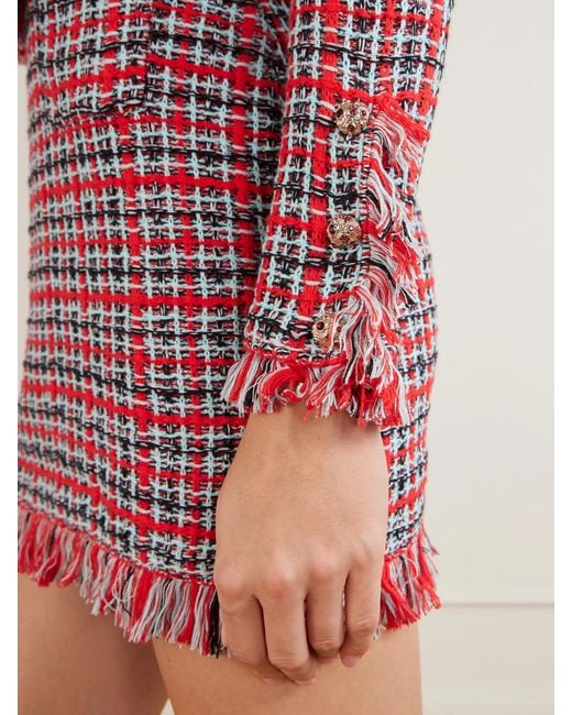 Self-Portrait Red Embellished Cotton And Wool-Blend Bouclé-Knit Frayed Jacket