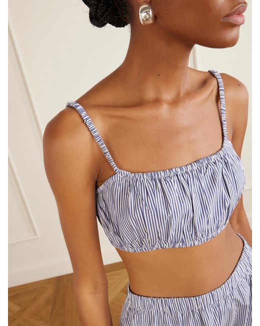 Suzie Kondi Blue Bea Shirred Striped Cotton-Poplin Bandeau Top