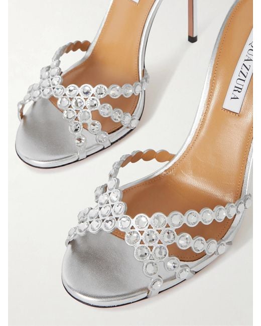 Aquazzura White Tequila 105 Crystal-Embellished Metallic Leather Sandals