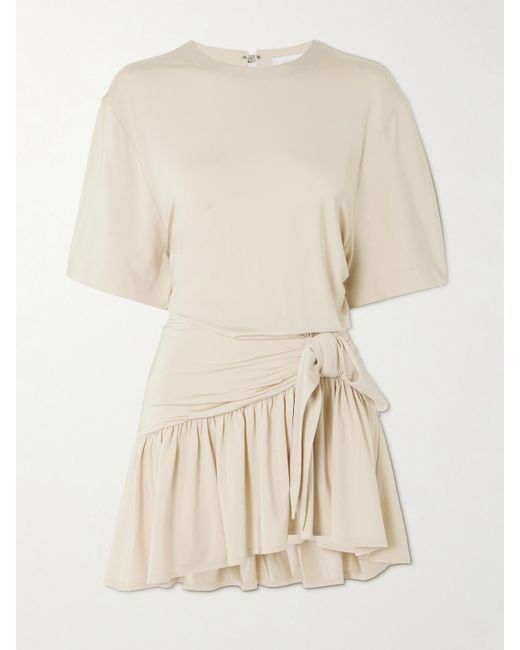 Rabanne Natural Asymmetric Bow-Detailed Gathered Satin-Jersey Mini Dress