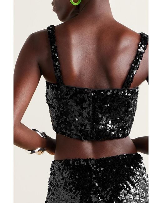 Dolce & Gabbana Black Cropped Sequined Stretch-Tulle Bustier Top