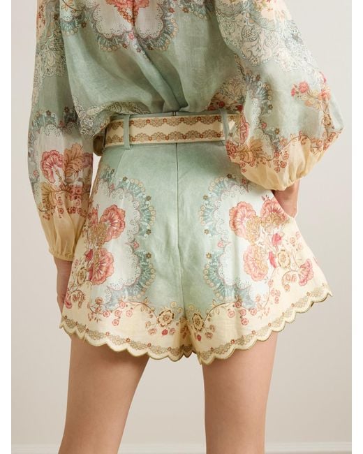 Zimmermann Blue Daylight Shorts Aus Bedrucktem Leinen Mit Bundfalten, Wellenkanten Und Gürtel
