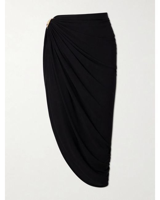 Sportmax Black Embellished Draped Jersey Midi Skirt