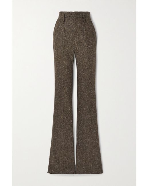 Saint Laurent Pleated Herringbone Wooltweed Flared Pants in Brown