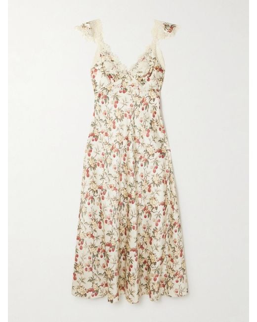 Doen Natural Fiona Lace-Trimmed Floral-Print Silk-Satin Midi Dress