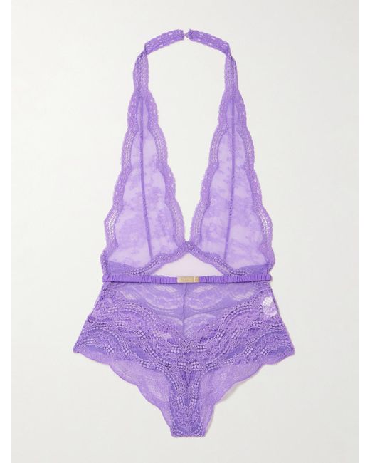 Gucci Purple Belted Stretch-Lace And Silk-Blend Tulle Halterneck Bodysuit