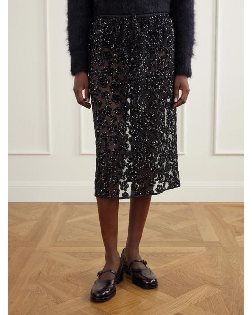 CECILIE BAHNSEN Black Bria Sequined-Embellished Mesh Midi Skirt