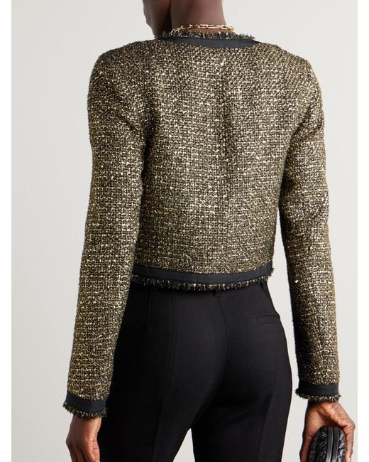 Ulla Johnson Green Anisa Double-Breasted Grosgrain-Trimmed Metallic Tweed Jacket