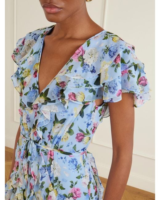Carolina Herrera Blue Ruffled Floral-Printed Silk Chiffon Gown