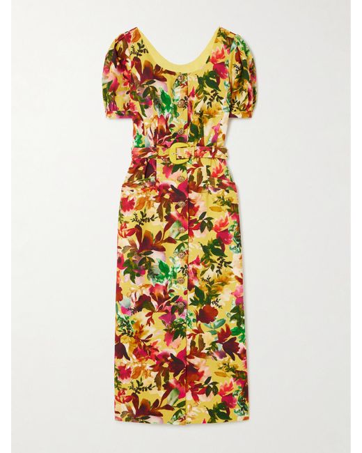 Saloni White Blanca Belted Embellished Floral-Print Cotton-Dupioni Midi Dress