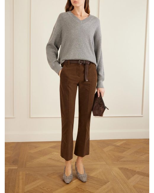 Brunello Cucinelli Brown Cropped Cotton-Blend Flared Pants