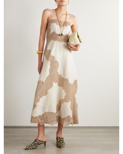 Ulla Johnson Natural Evangeline Midikleid Aus Leinen Mit Guipure-Spitzenbesätzen