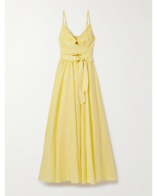 Zimmermann Yellow Awaken Gathered Linen Midi Dress