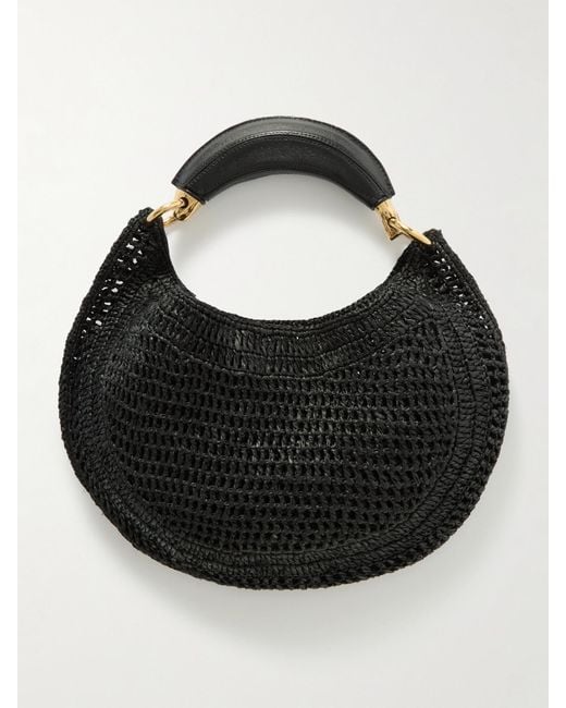 Chloé Black Summer Banana Leather-Trimmed Embroidered Raffia Tote