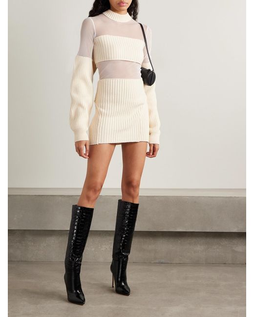 Jean Paul Gaultier Natural Paneled Ribbed Wool And Mesh Mini Dress