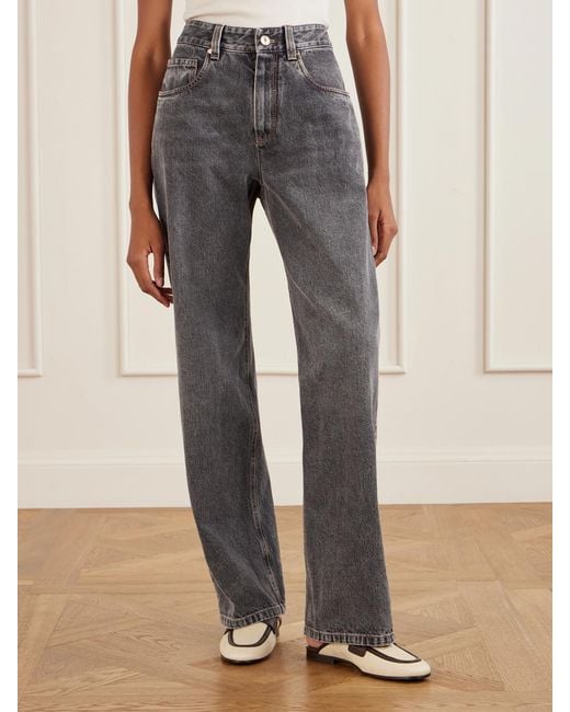 Brunello Cucinelli Gray Cotton Mid-Rise Wide-Leg Jeans
