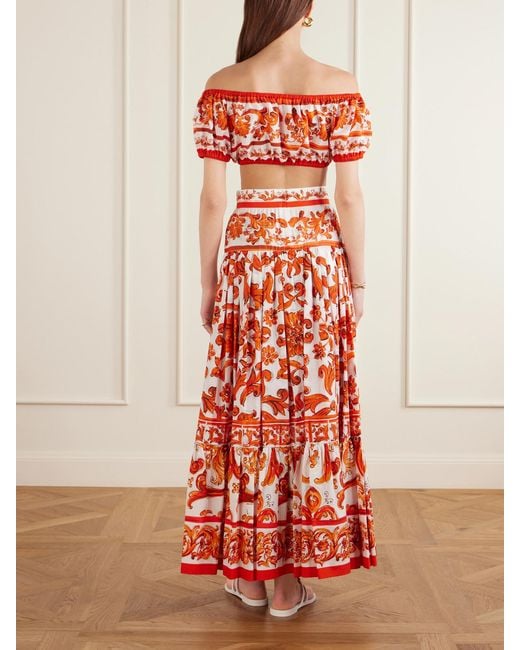 Dolce & Gabbana Red Cropped Printed Cotton-Poplin Top