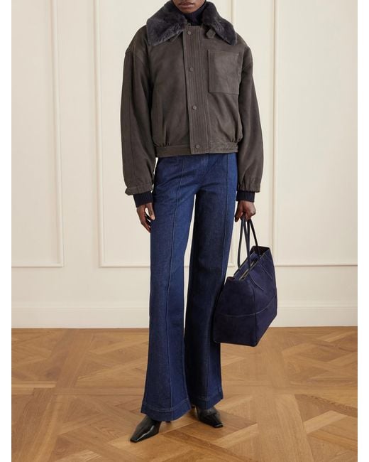 Victoria Beckham Gray Shearling-Trimmed Nubuck Bomber Jacket