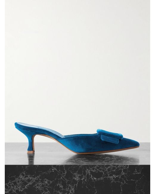 Manolo Blahnik Blue Maysale 50 Mules Aus Samt Mit Schnalle