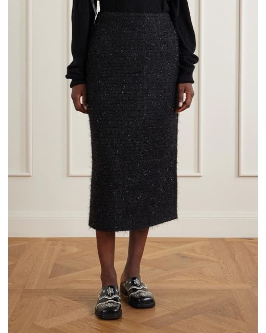 Simone Rocha Blue Shearling-Trimmed Metallic-Tweed Midi Skirt
