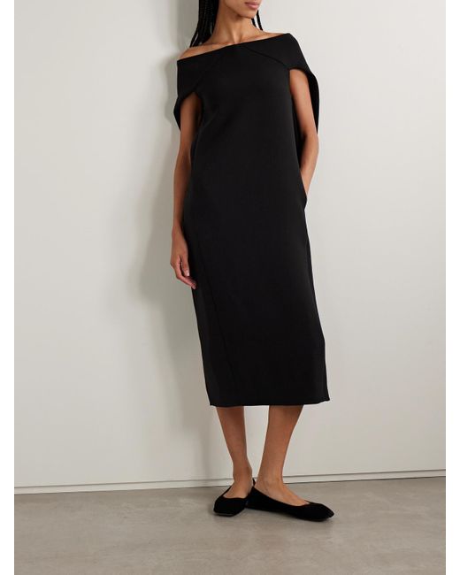 The Row Black Anitas Off-The-Shoulder Cape-Effect Wool-Blend Midi Dress
