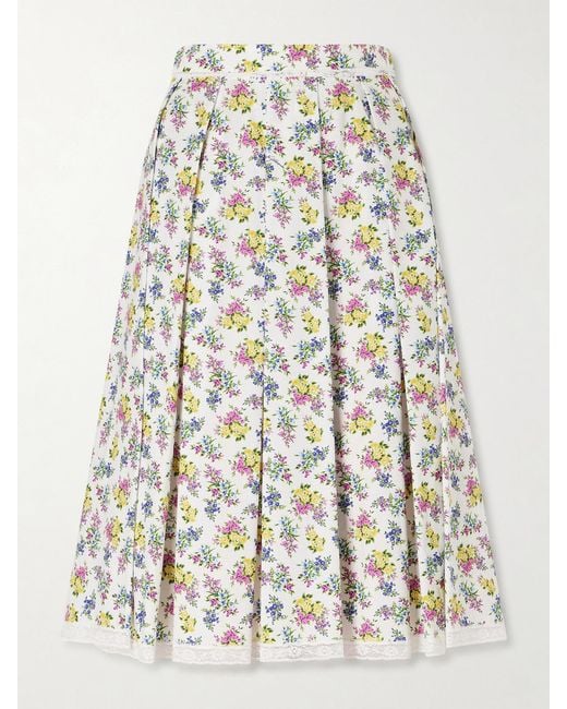 Dolce & Gabbana White Pleated Floral-Print Cotton-Poplin Midi Skirt