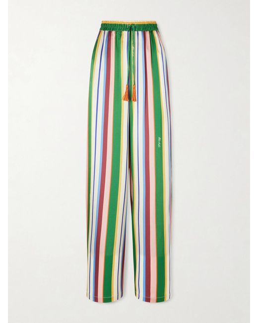 Christiano Marchelli Blue Letizia Tasseled Striped Stretch-Silk Satin Wide-Leg Pants