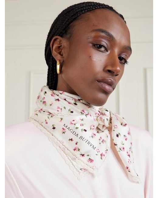 Magda Butrym Natural Lace-Trimmed Floral-Print Silk-Twill Scarf
